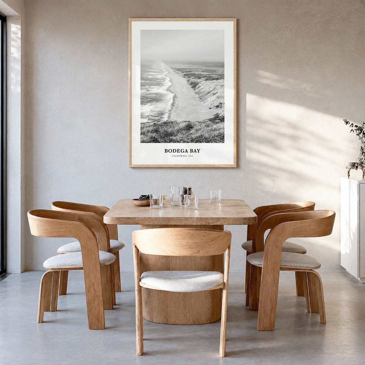 Bodega Bay Classic Poster in a natural wood frame, hanging in a dining room
