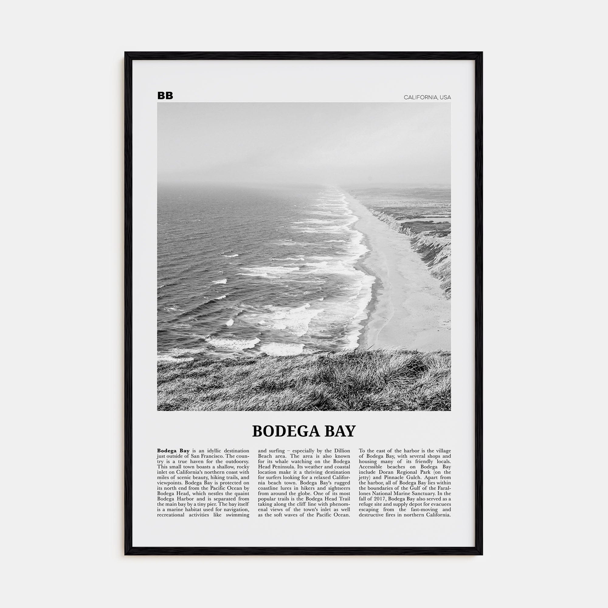 Bodega Bay Poster Black Wood / 8x12 in Nbourhood Travel B&W Poster