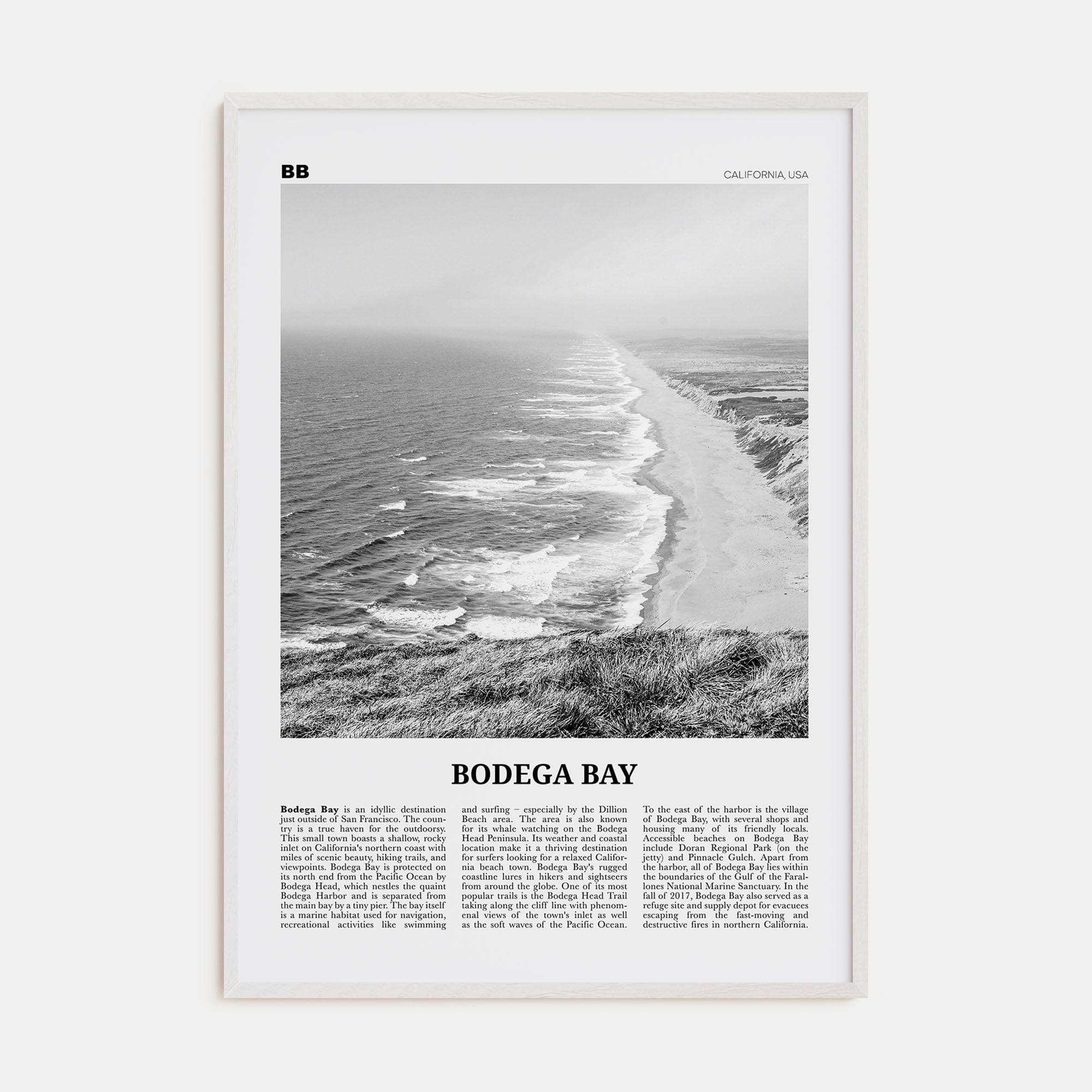 Bodega Bay Poster White Wood / 8x12 in Nbourhood Travel B&W Poster