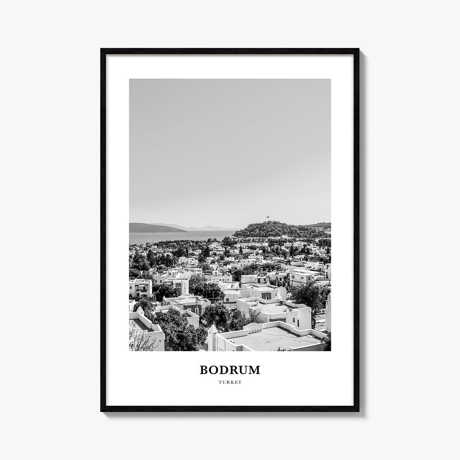 Bodrum black & white classic poster of Türkiye – vertical wall art, unframed print shown in interior mockup