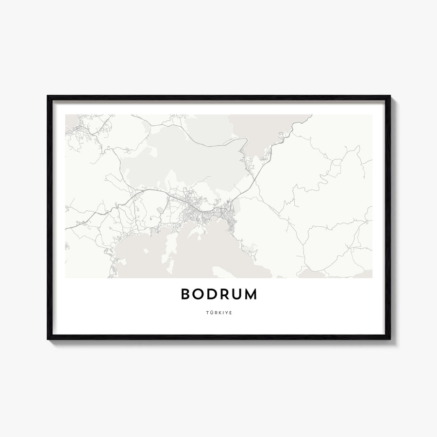 Bodrum black & white map poster of Türkiye – horizontal wall art, unframed print shown in interior mockup