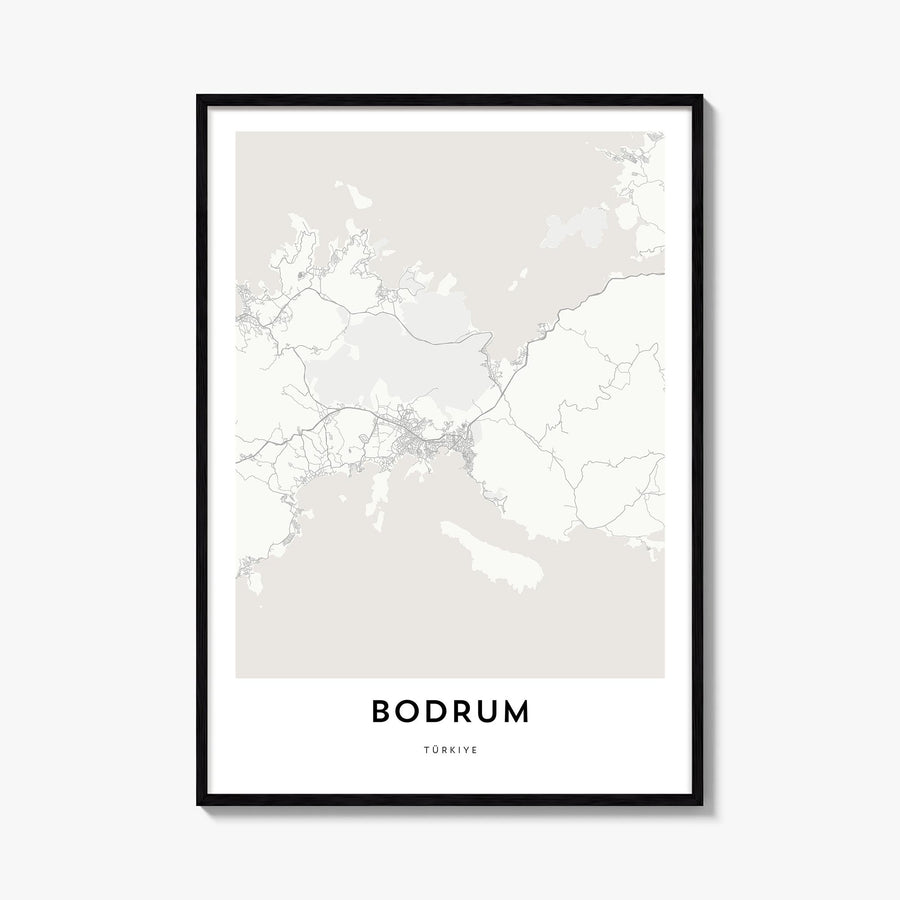 Bodrum black & white map poster of Türkiye – vertical wall art, unframed print shown in interior mockup