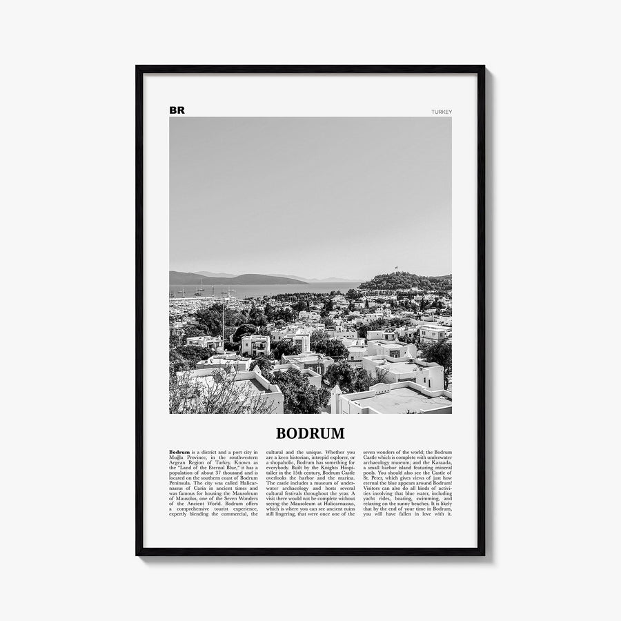 Bodrum black & white newspaper poster of Türkiye – vertical wall art, unframed print shown in interior mockup