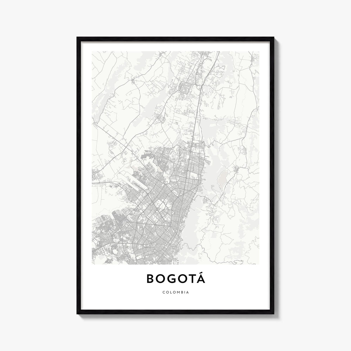 Bogotá black & white map poster of Colombia – vertical wall art, unframed print shown in interior mockup