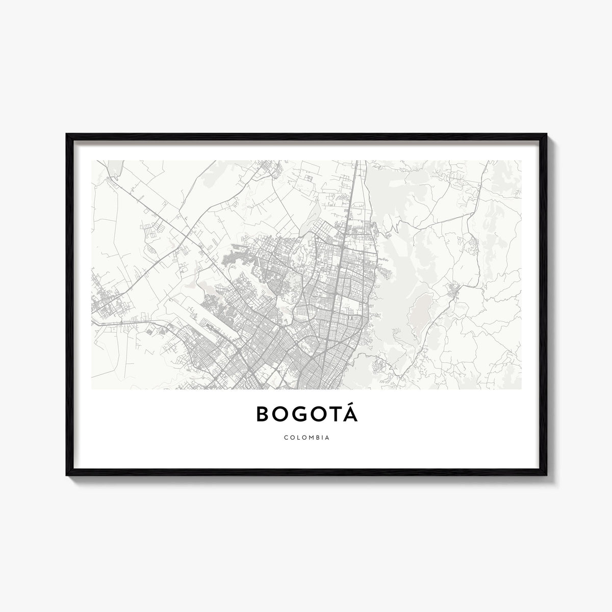 Bogotá black & white map poster of Colombia – horizontal wall art, unframed print shown in interior mockup