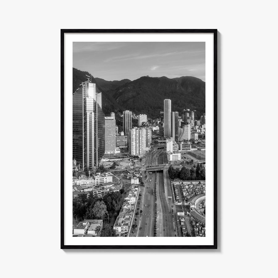 Bogotá black & white photo poster of Colombia – vertical wall art, unframed print shown in interior mockup