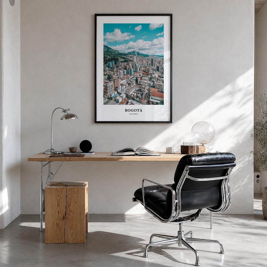 Bogotá colorful classic poster of Colombia – vertical wall art in black wood frame, hanging on wall