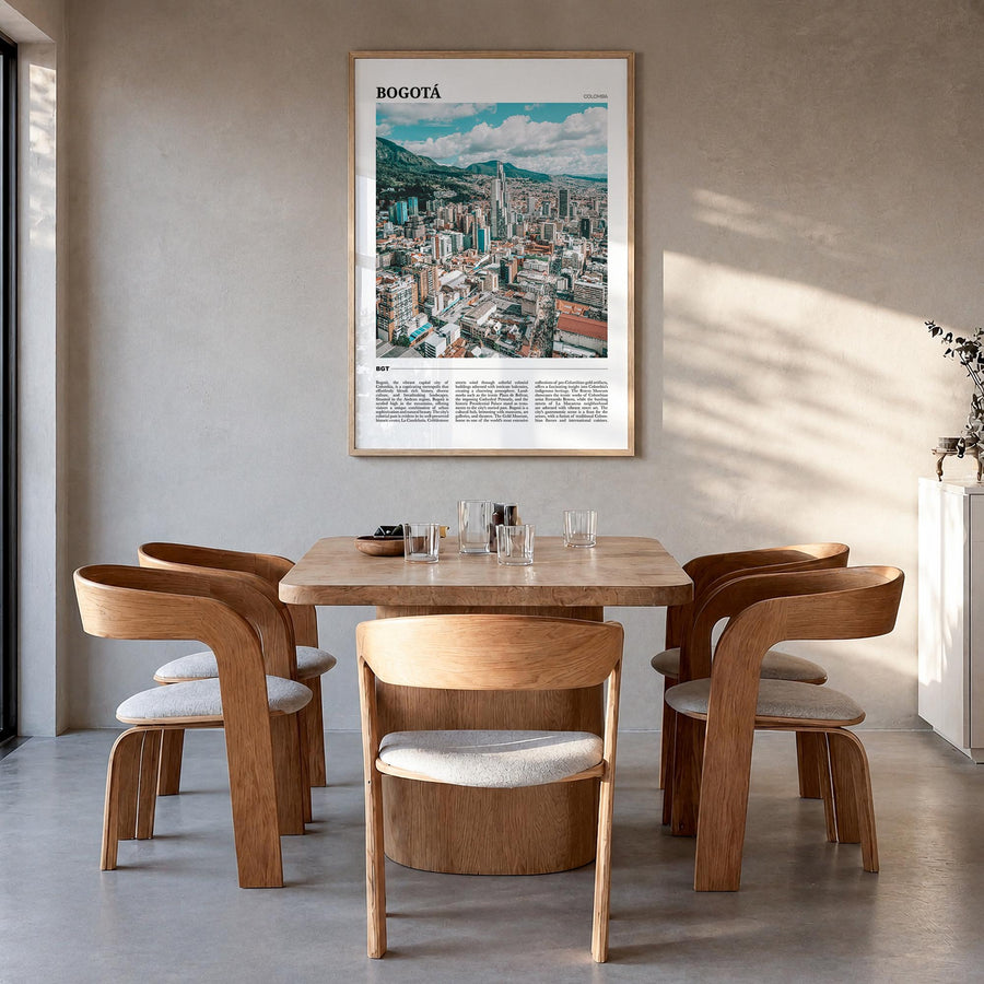 Bogotá colorful travel poster of Colombia – vertical wall art in natural wood frame, hanging on wall