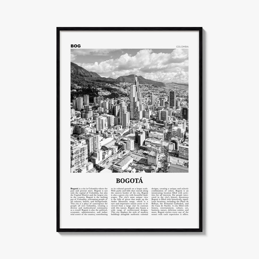 Bogotá no. 1 black & white newspaper poster of Colombia – vertical wall art, unframed print shown in interior mockup