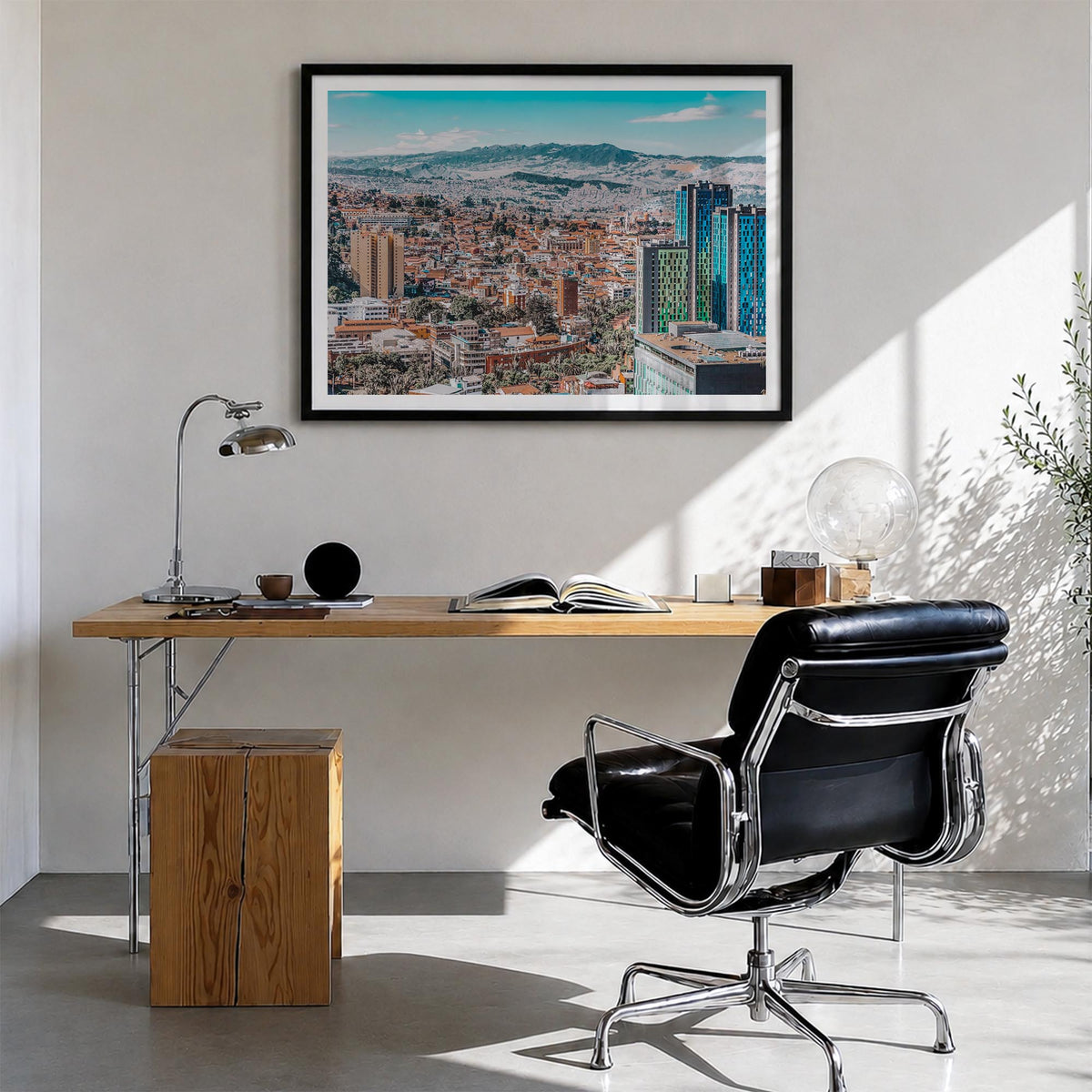 Bogotá no. 1 colorful photo poster of Colombia – horizontal wall art in black wood frame with white border, hanging on wall