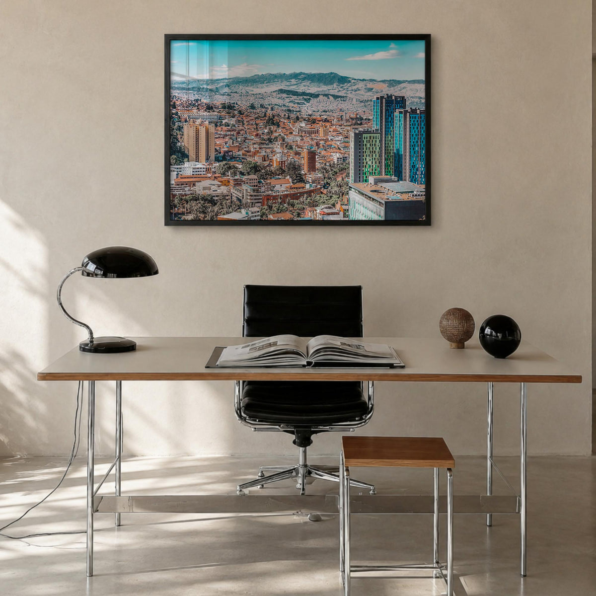 Bogotá no. 1 colorful photo poster of Colombia – horizontal wall art in black wood frame, hanging on wall