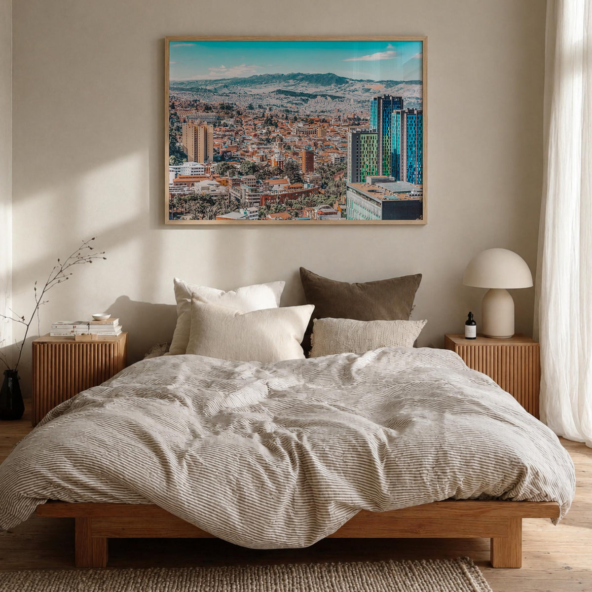 Bogotá no. 1 colorful photo poster of Colombia – horizontal wall art in natural wood frame, hanging on wall