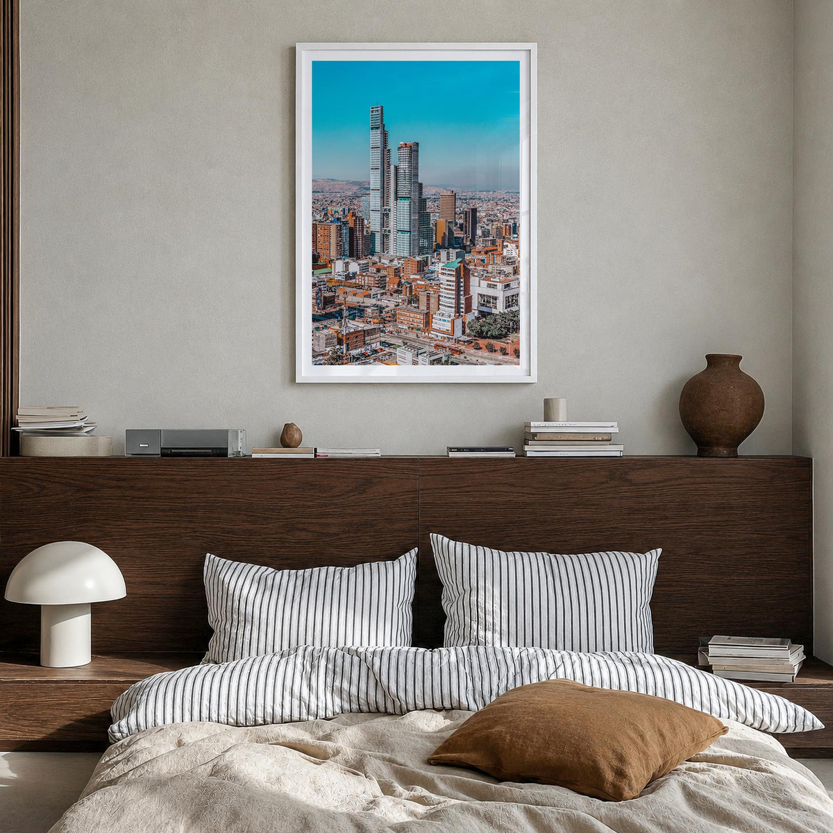 Bogotá no. 1 colorful photo poster of Colombia – vertical wall art in white wood frame with white border, hanging on wall