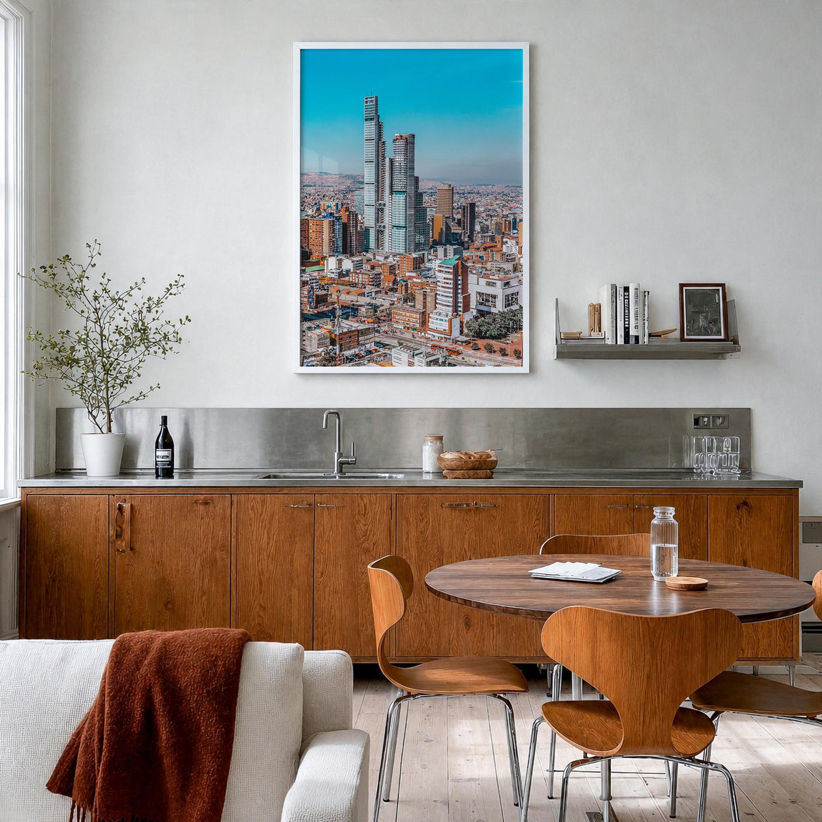 Bogotá no. 1 colorful photo poster of Colombia – vertical wall art in white wood frame, hanging on wall