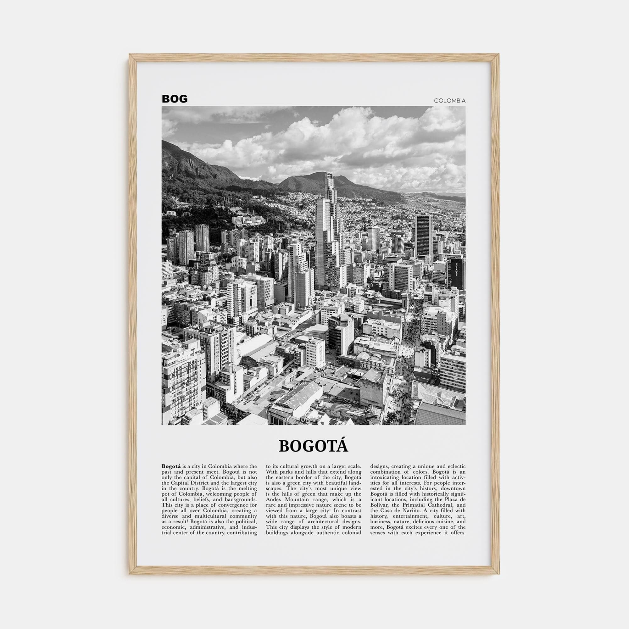 Bogotá No 1 Poster Natural Wood / 8x12 in Nbourhood Travel B&W Poster