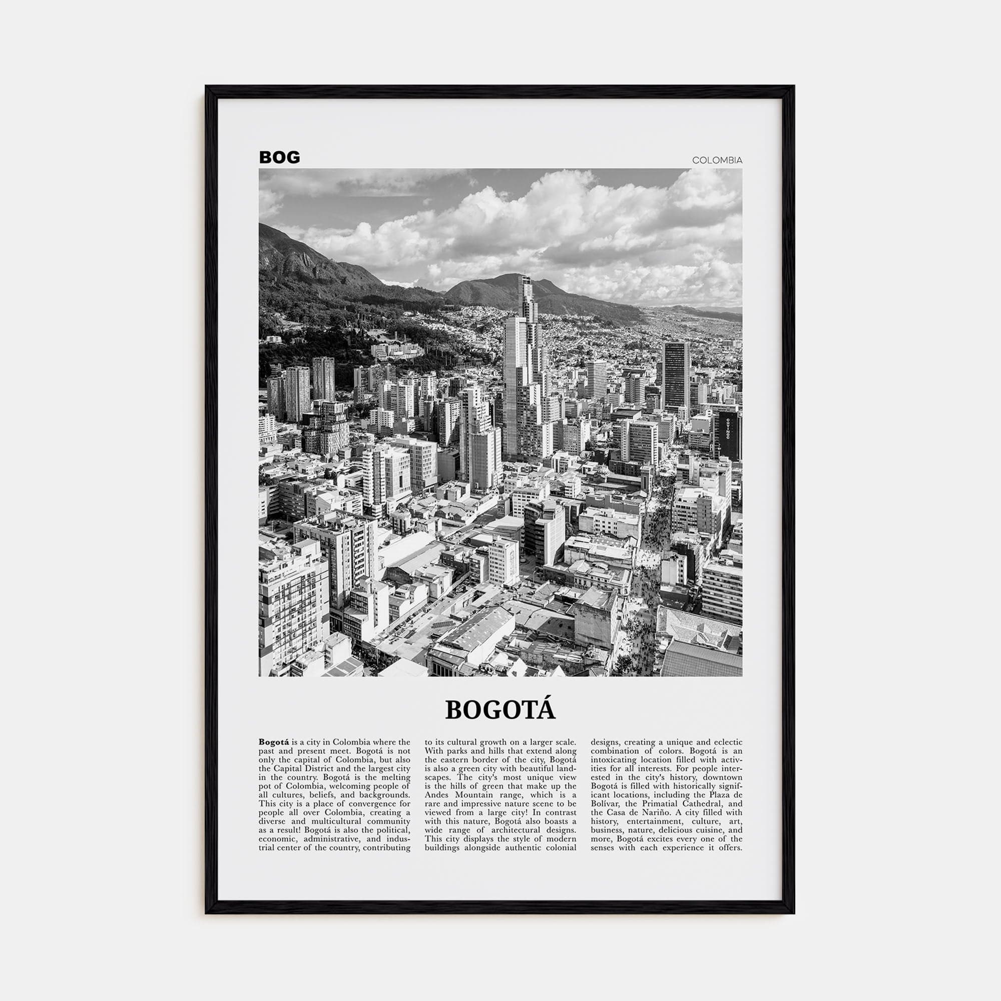 Bogotá No 1 Poster Black Wood / 8x12 in Nbourhood Travel B&W Poster