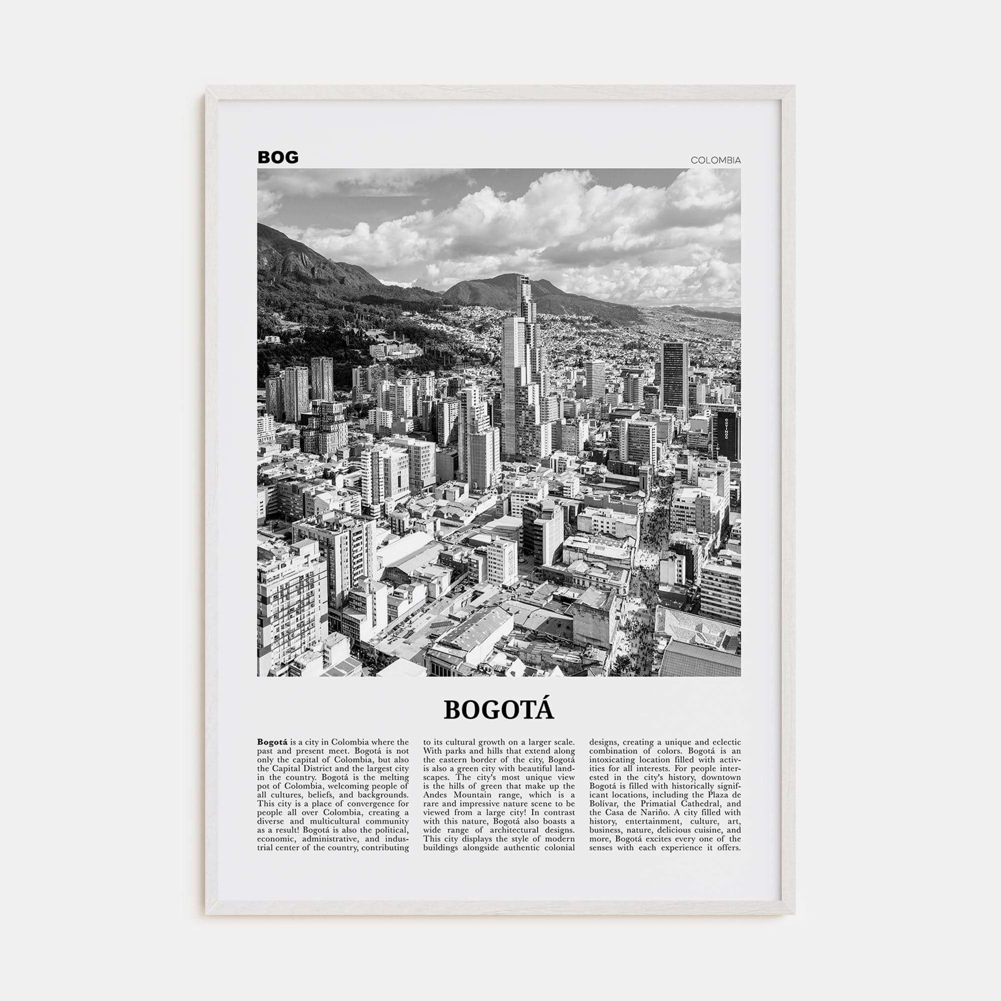 Bogotá No 1 Poster White Wood / 8x12 in Nbourhood Travel B&W Poster