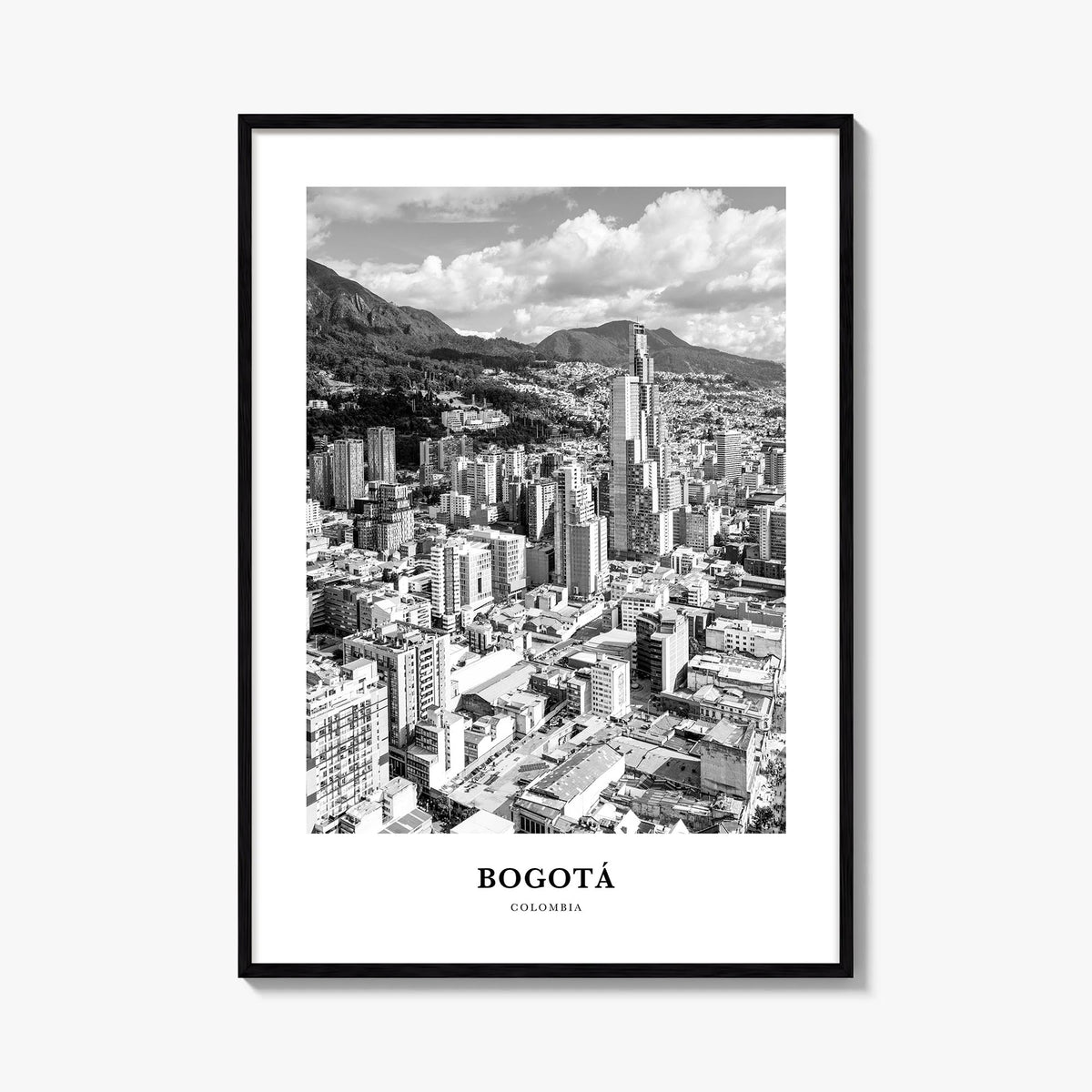 Bogotá no. 2 black & white classic poster of Colombia – vertical wall art, unframed print shown in interior mockup