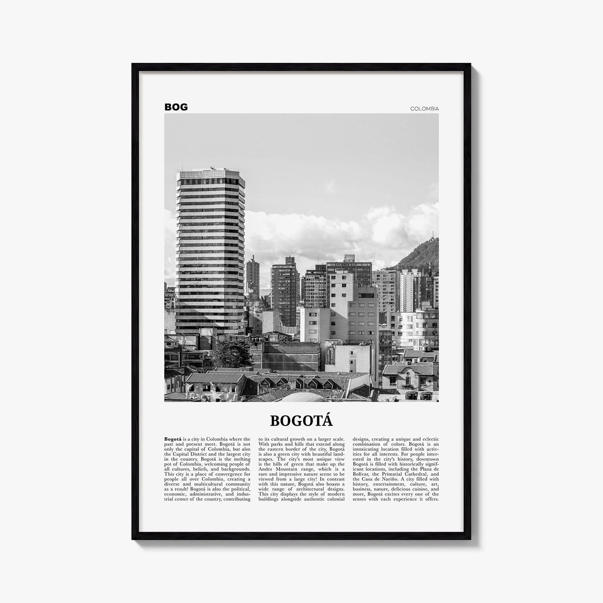 Bogotá no. 2 black & white newspaper poster of Colombia – vertical wall art, unframed print shown in interior mockup