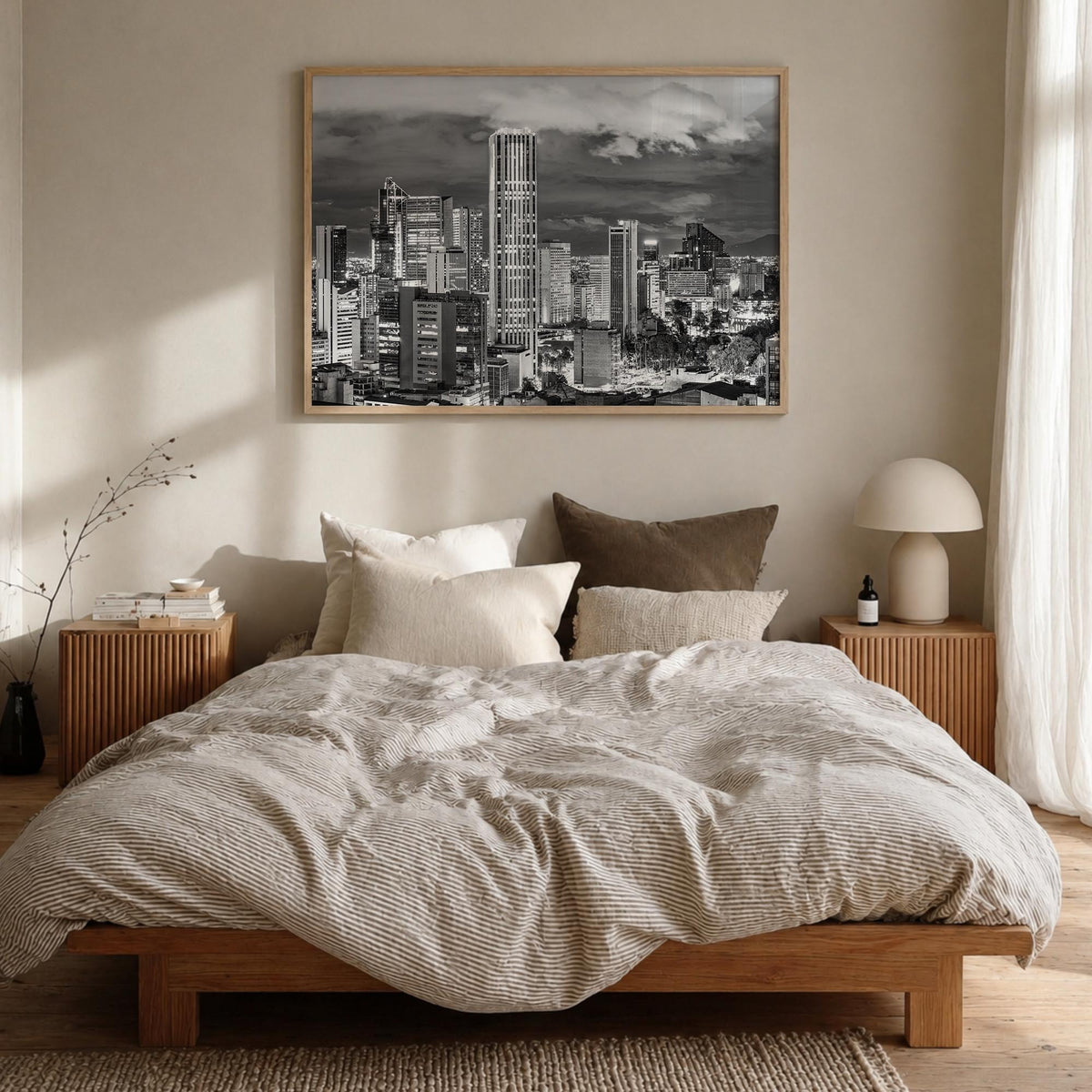 Bogotá no. 2 black & white photo poster of Colombia – horizontal wall art in natural wood frame, hanging on wall