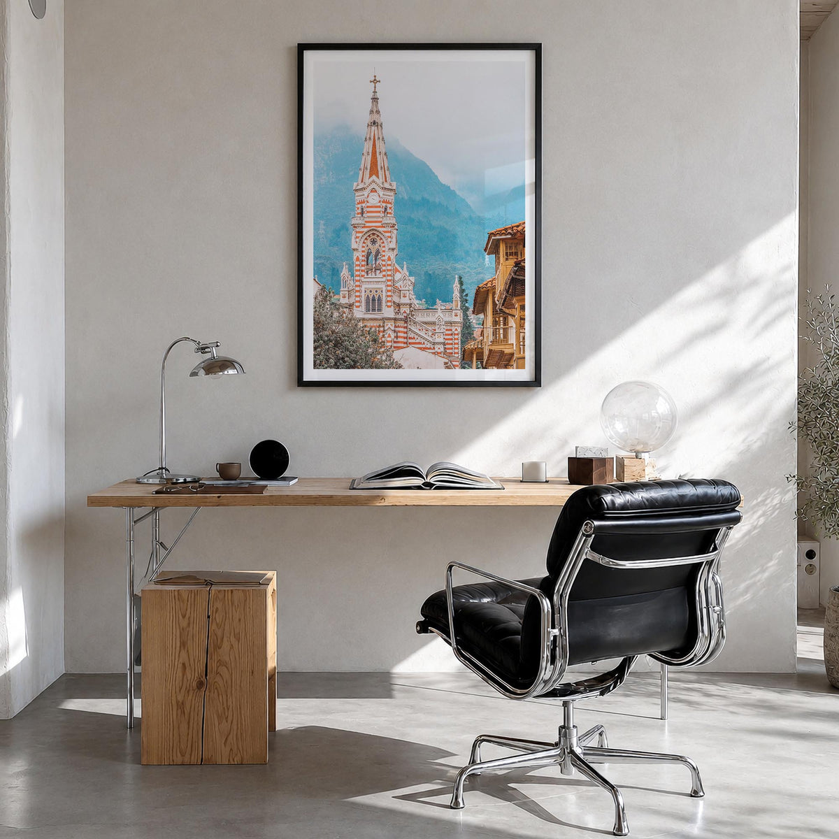 Bogotá no. 2 colorful photo poster of Colombia – vertical wall art in black wood frame with white border, hanging on wall