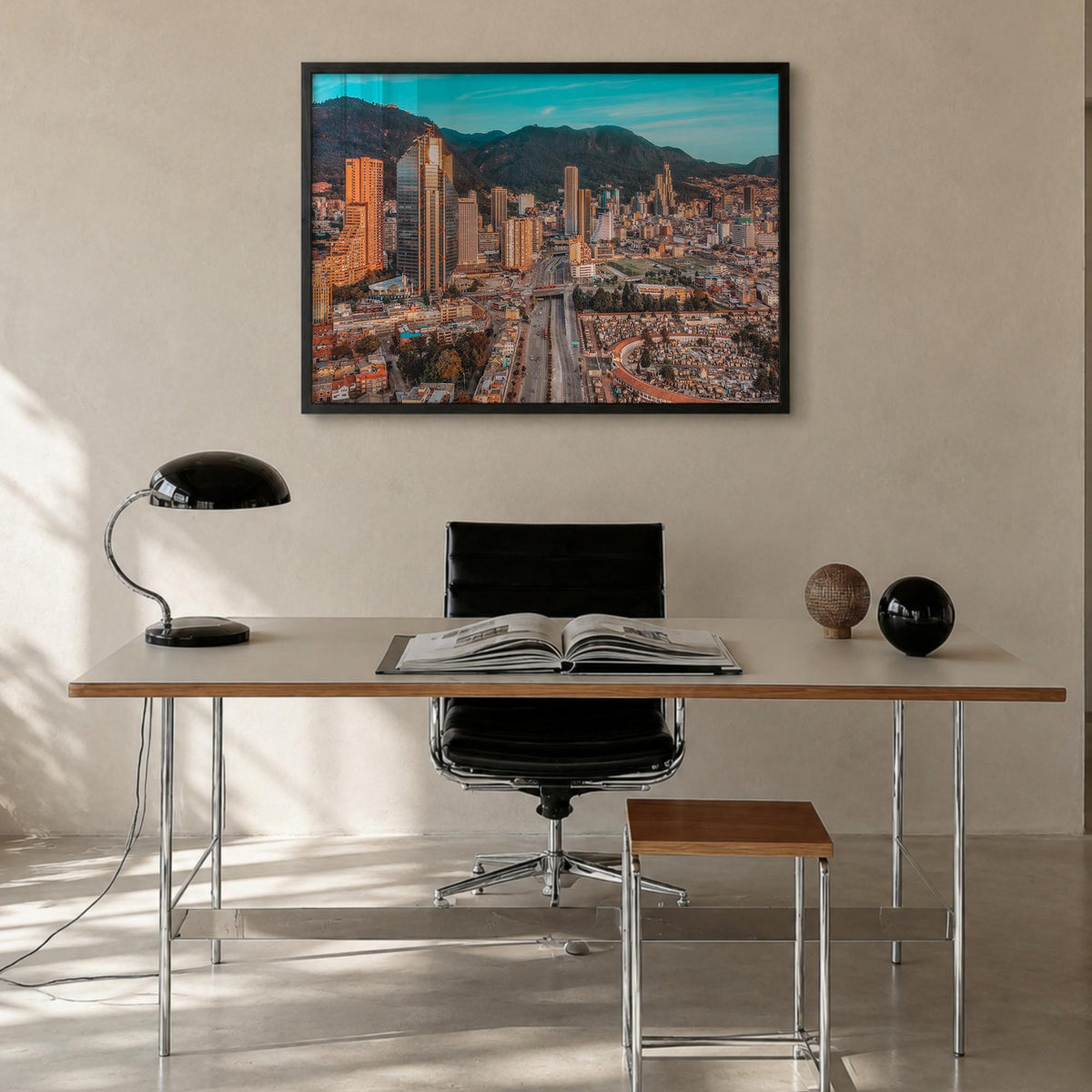 Bogotá no. 2 colorful photo poster of Colombia – horizontal wall art in black wood frame, hanging on wall