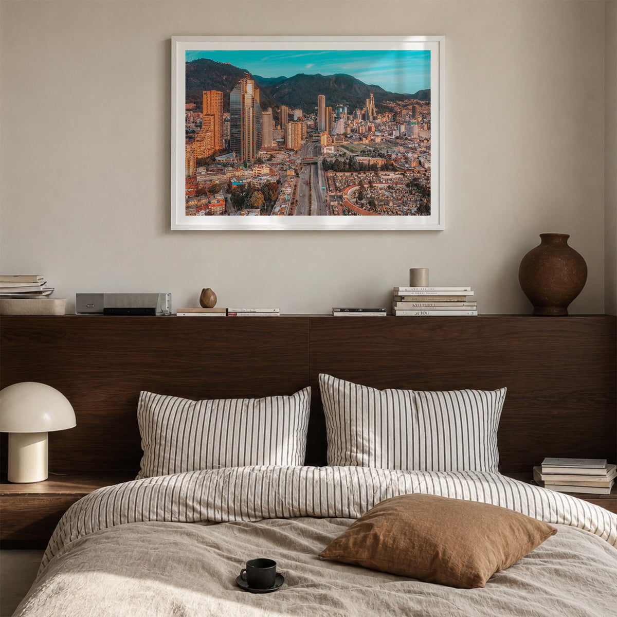 Bogotá no. 2 colorful photo poster of Colombia – horizontal wall art in white wood frame with white border, hanging on wall