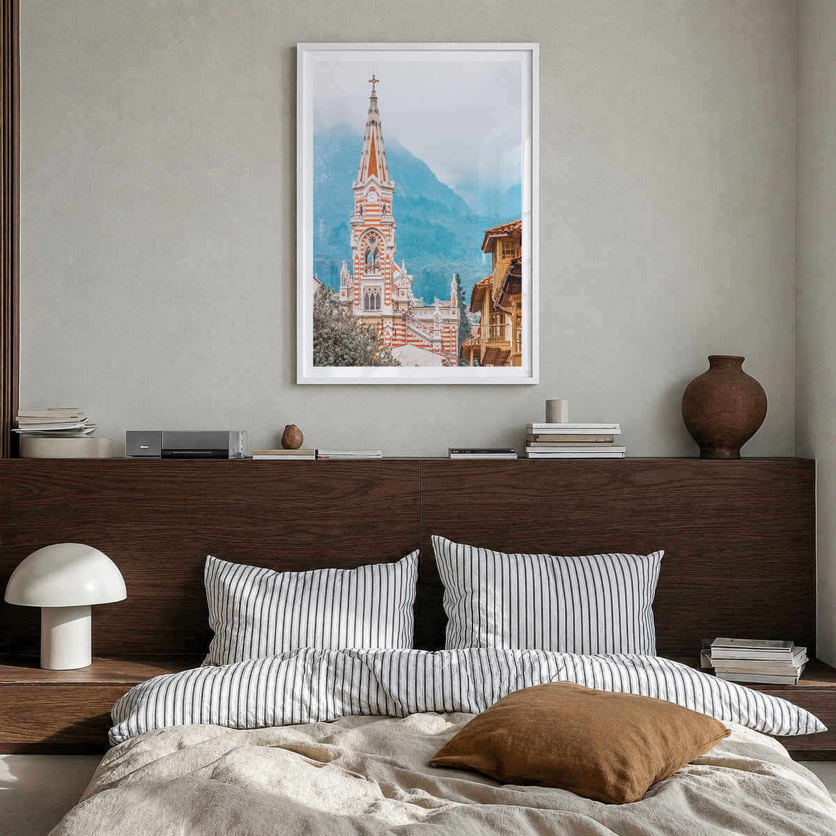 Bogotá no. 2 colorful photo poster of Colombia – vertical wall art in white wood frame with white border, hanging on wall