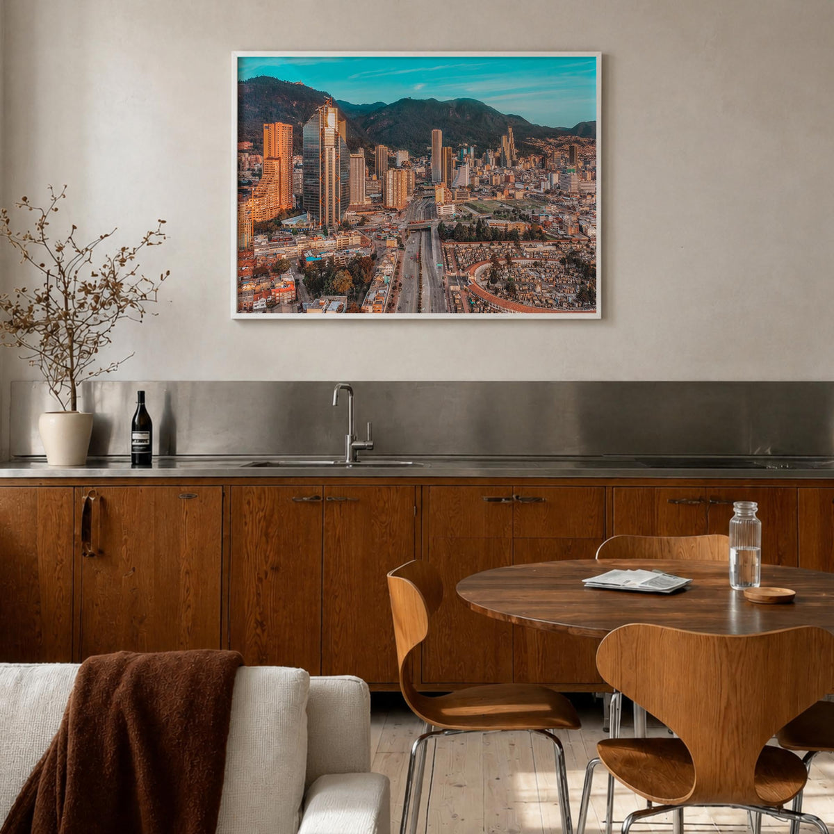 Bogotá no. 2 colorful photo poster of Colombia – horizontal wall art in white wood frame, hanging on wall