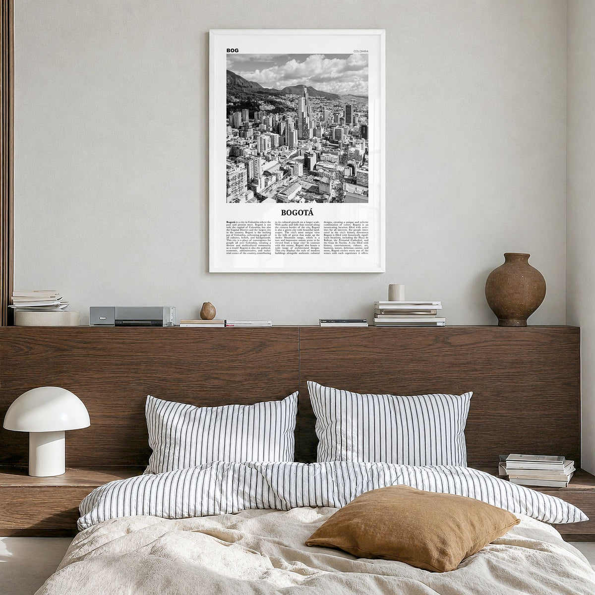 Bogotá Newspaper No 1 Poster in a white wood frame, hanging in a bedroom
