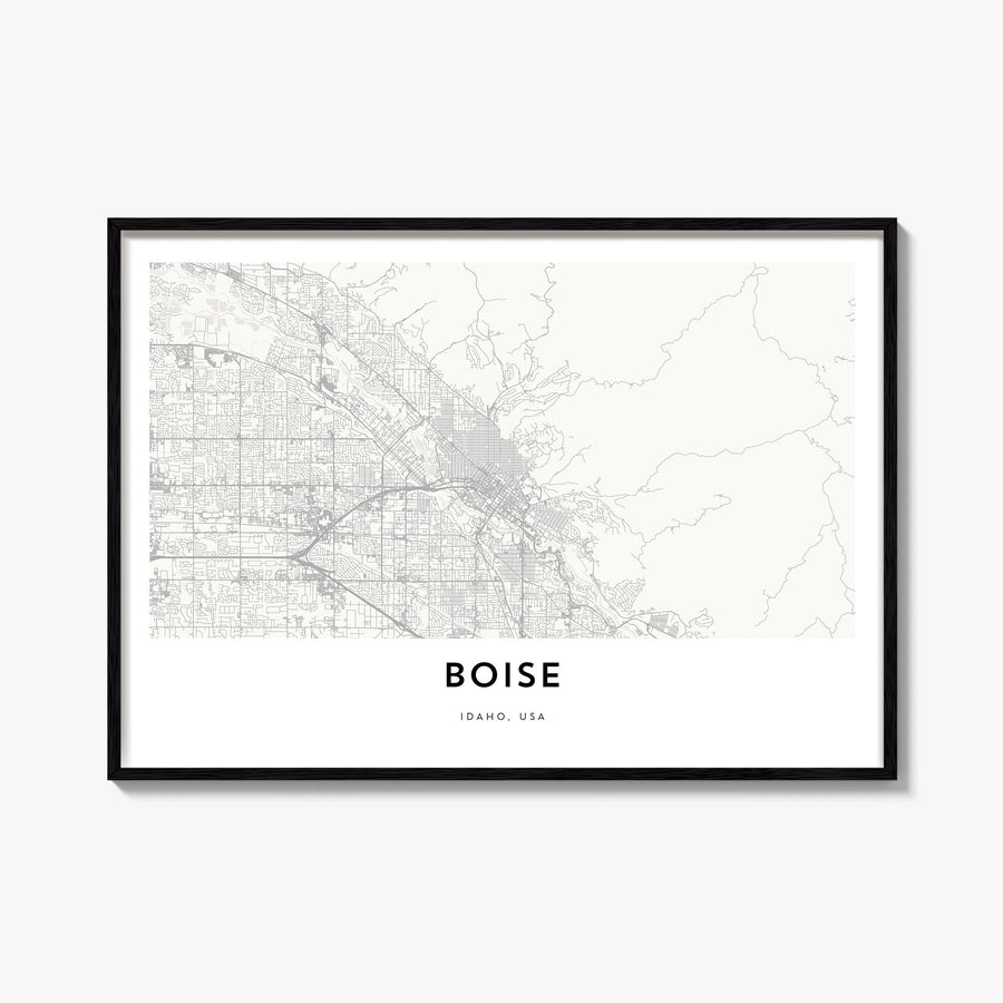 Boise black & white map poster of Idaho, USA – horizontal wall art, unframed print shown in interior mockup