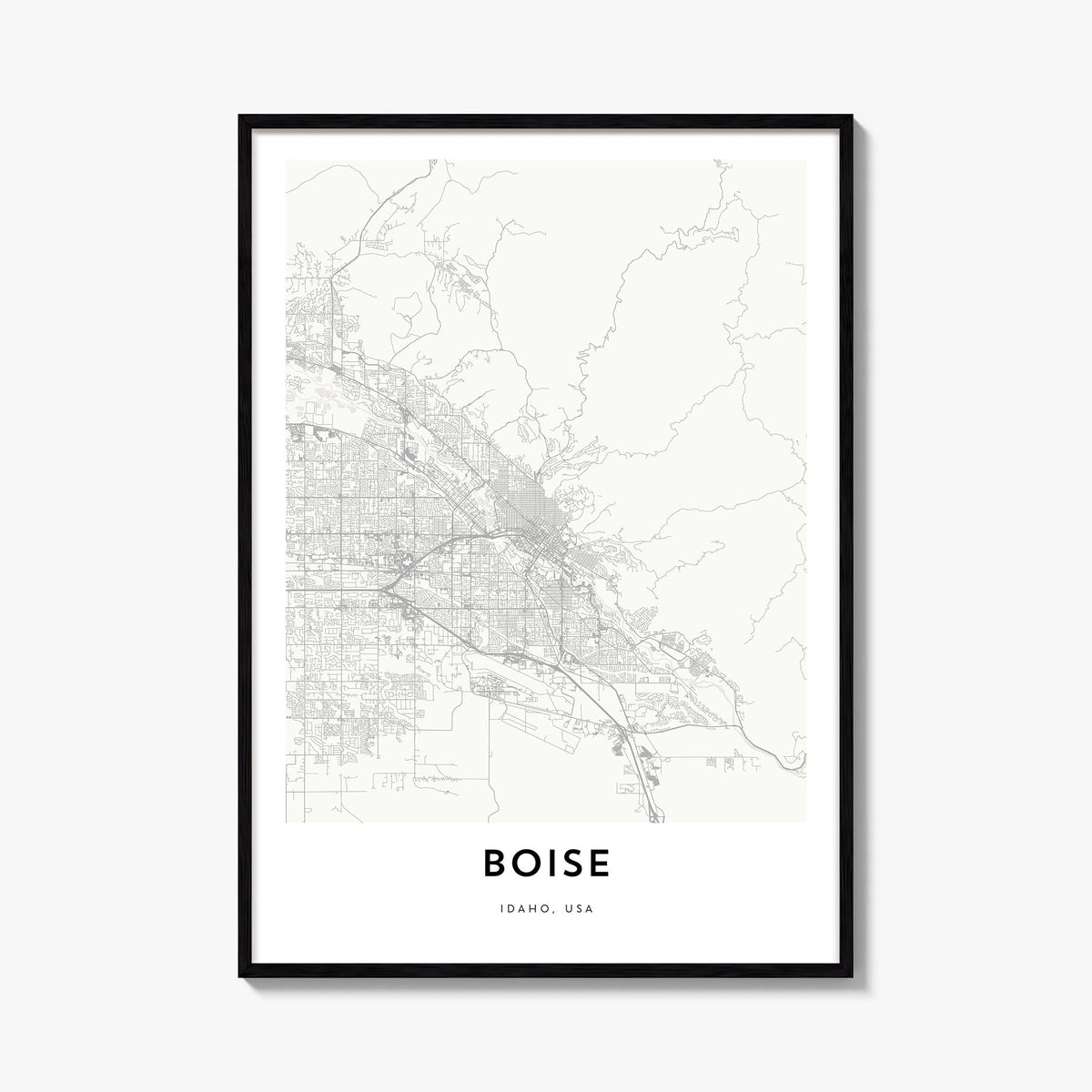 Boise black & white map poster of Idaho, USA – vertical wall art, unframed print shown in interior mockup