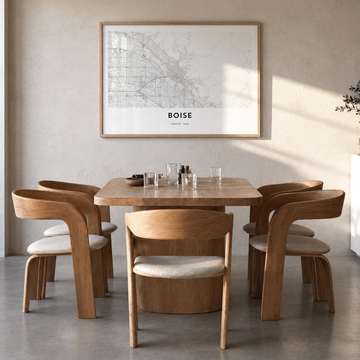 Boise black & white map poster of Idaho, USA – horizontal wall art in natural wood frame, hanging on wall