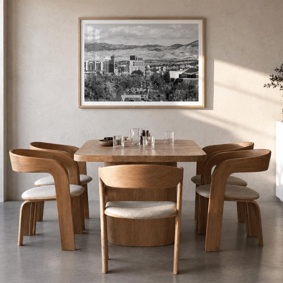Boise black & white photo poster of Idaho, USA – horizontal wall art in natural wood frame with white border, hanging on wall