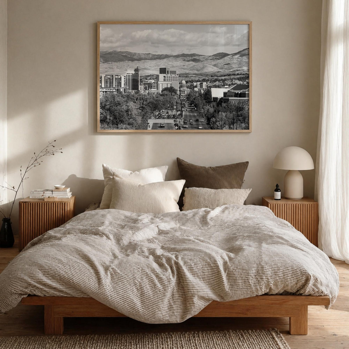 Boise black & white photo poster of Idaho, USA – horizontal wall art in natural wood frame, hanging on wall