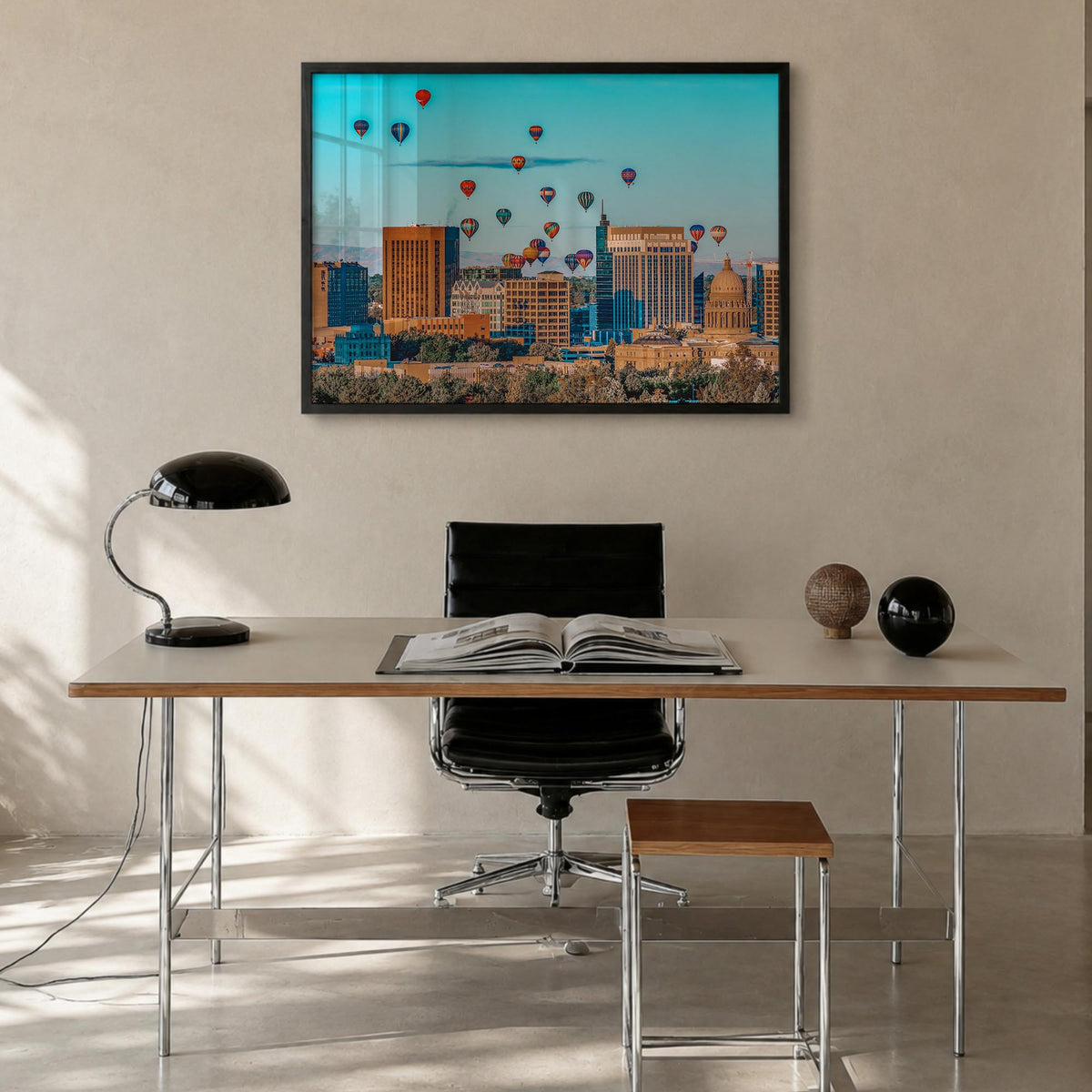 Boise colorful photo poster of Idaho, USA – horizontal wall art in black wood frame, hanging on wall