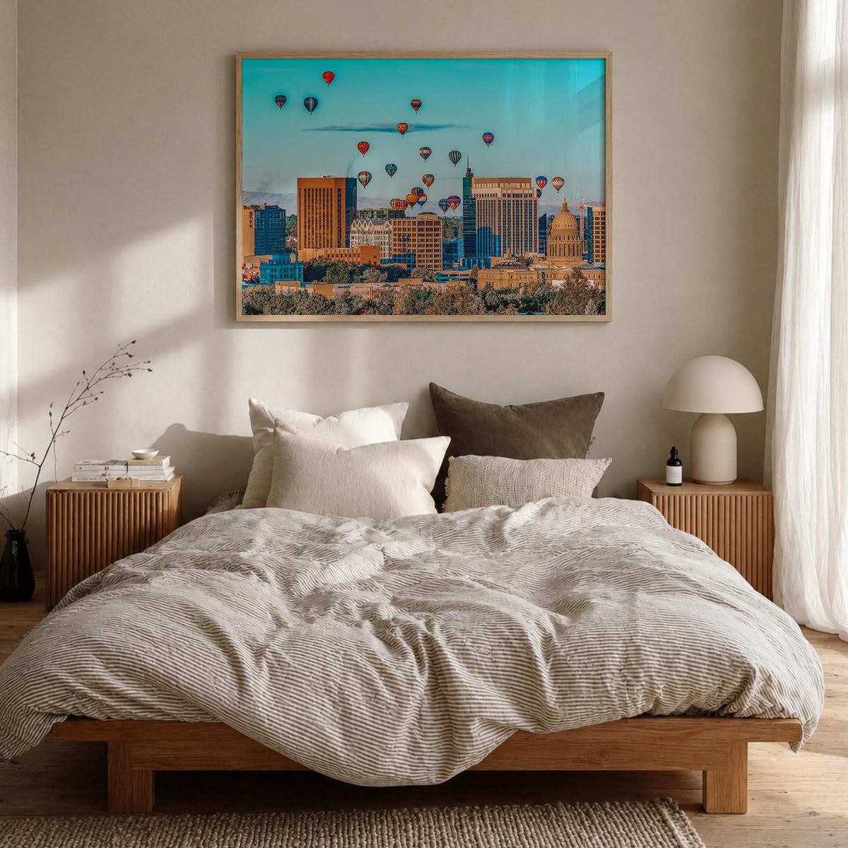 Boise colorful photo poster of Idaho, USA – horizontal wall art in natural wood frame, hanging on wall