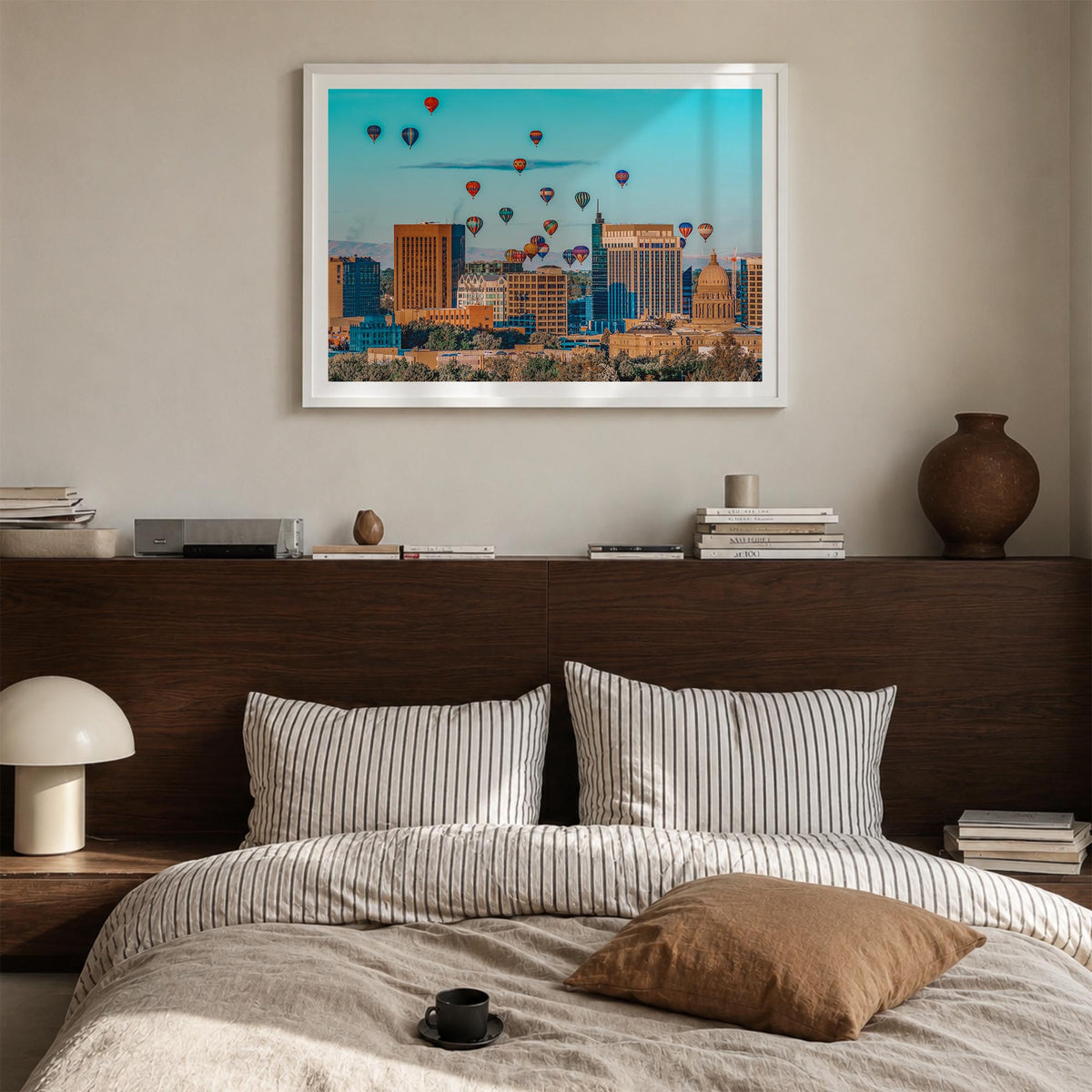Boise colorful photo poster of Idaho, USA – horizontal wall art in white wood frame with white border, hanging on wall