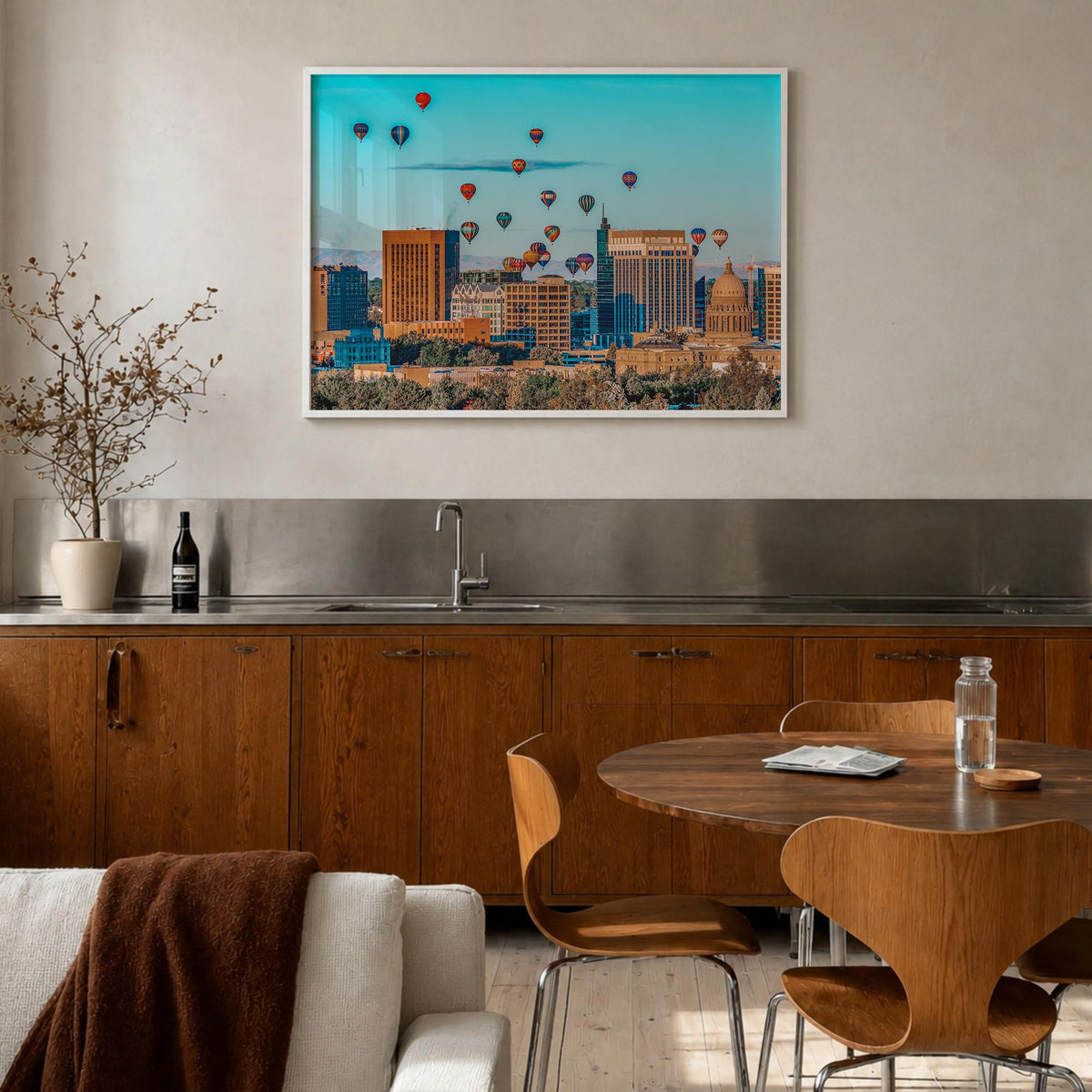 Boise colorful photo poster of Idaho, USA – horizontal wall art in white wood frame, hanging on wall