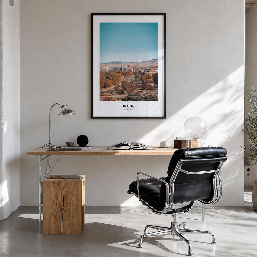 Boise no. 1 colorful classic poster of Idaho, USA – vertical wall art in black wood frame, hanging on wall