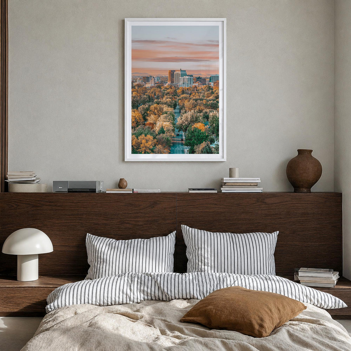 Boise no. 1 colorful photo poster of Idaho, USA – vertical wall art in white wood frame with white border, hanging on wall
