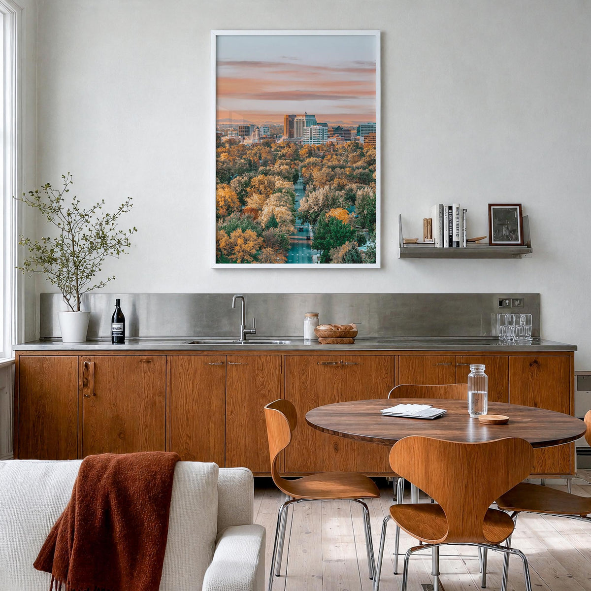 Boise no. 1 colorful photo poster of Idaho, USA – vertical wall art in white wood frame, hanging on wall