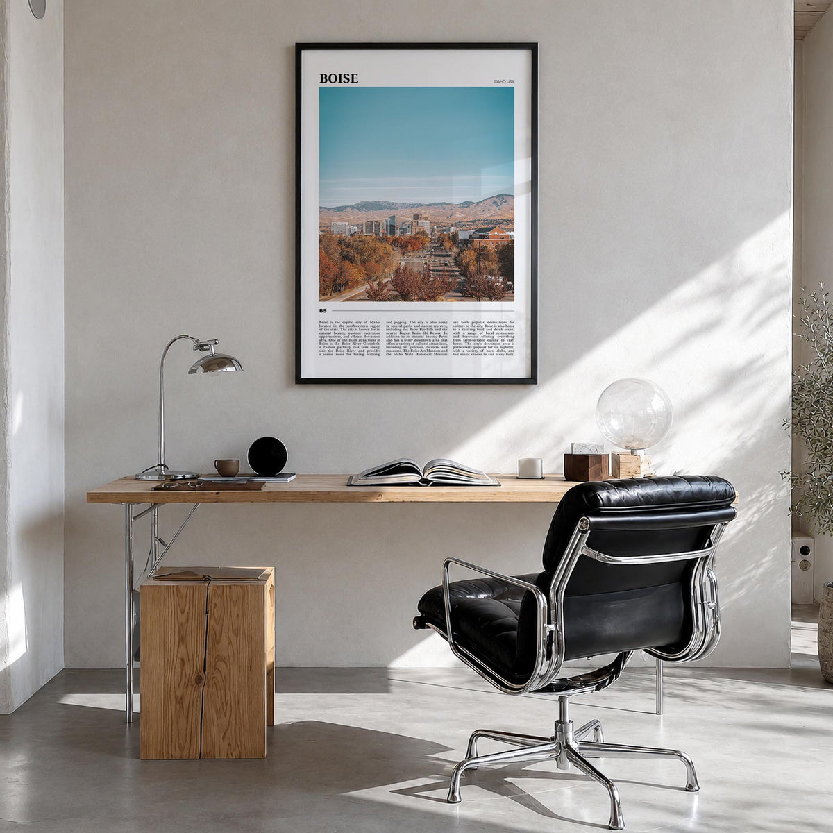 Boise no. 1 colorful travel poster of Idaho, USA – vertical wall art in black wood frame, hanging on wall