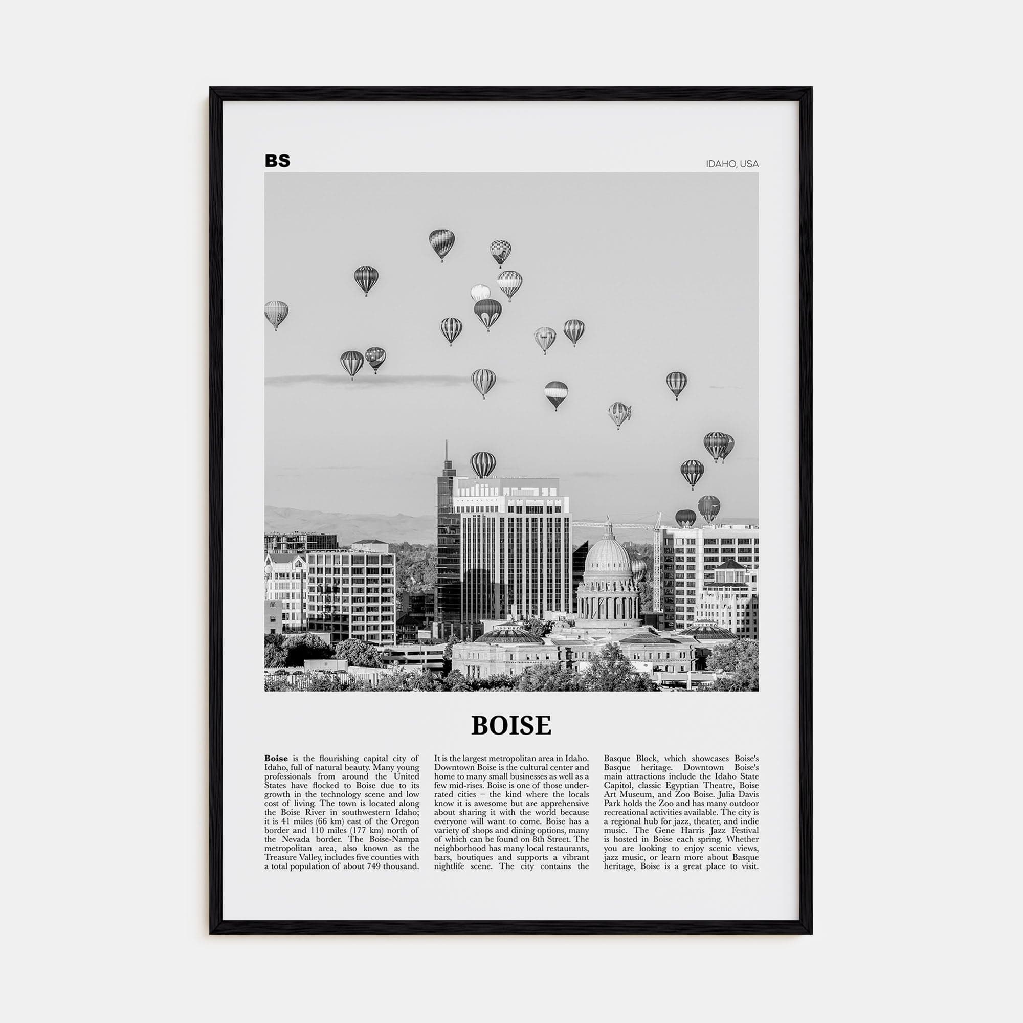 Boise No 1 Poster Black Wood / 8x12 in Nbourhood Travel B&W Poster