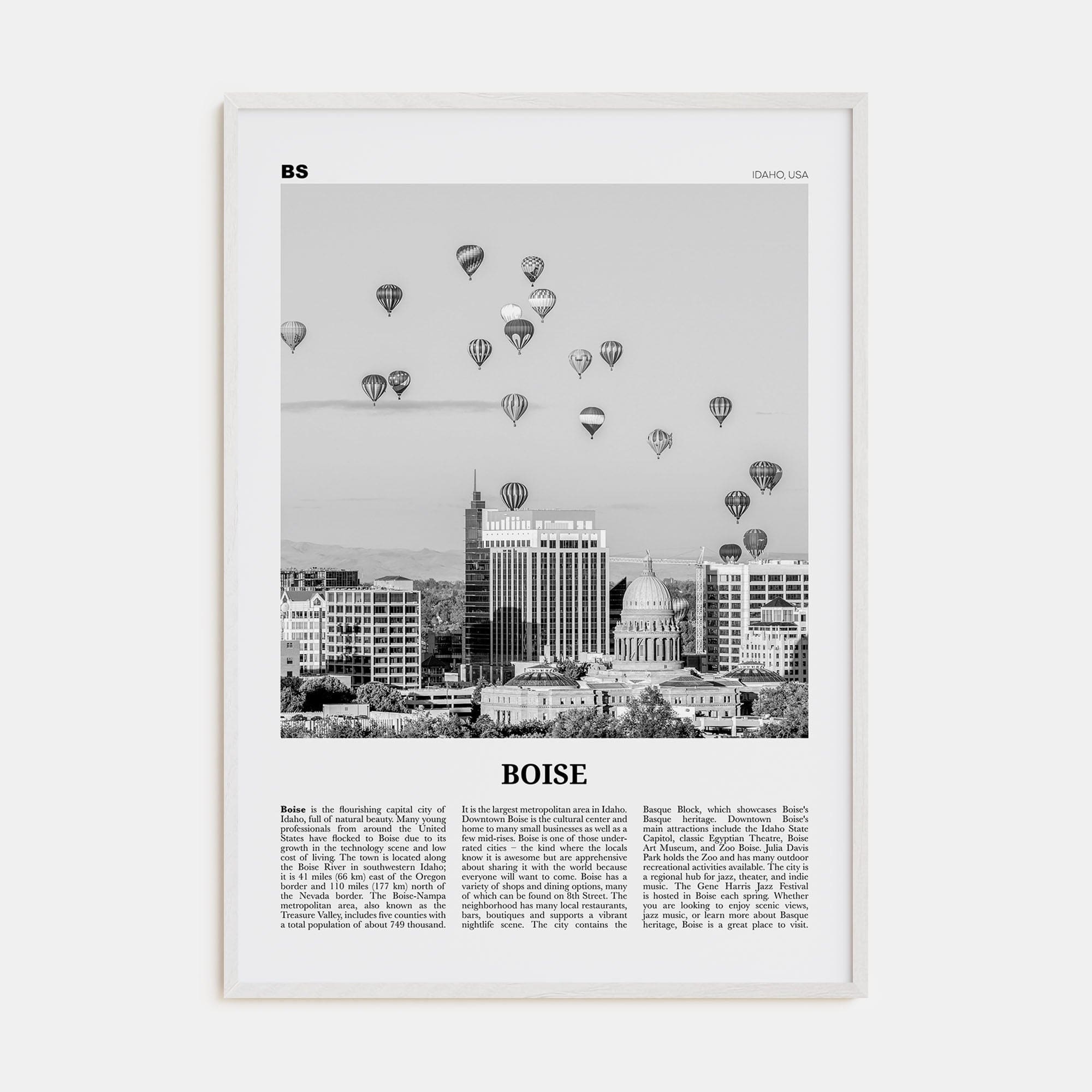 Boise No 1 Poster White Wood / 8x12 in Nbourhood Travel B&W Poster