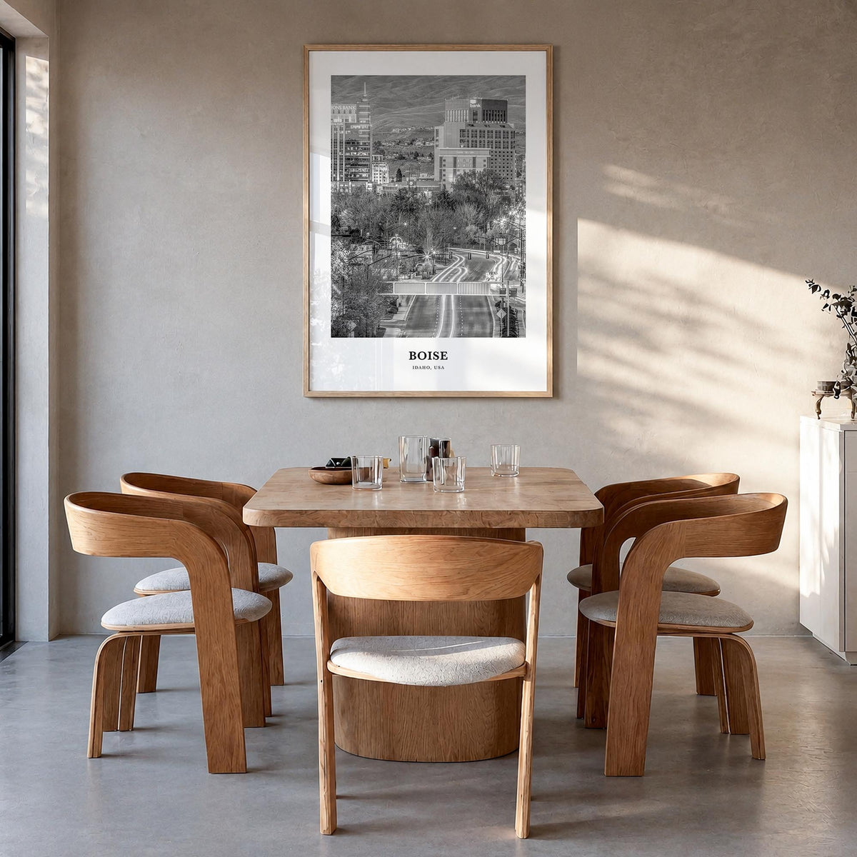 Boise no. 2 black & white classic poster of Idaho, USA – vertical wall art in natural wood frame, hanging on wall
