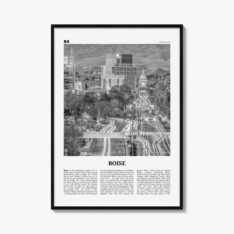 Boise no. 2 black & white newspaper poster of Idaho, USA – vertical wall art, unframed print shown in interior mockup