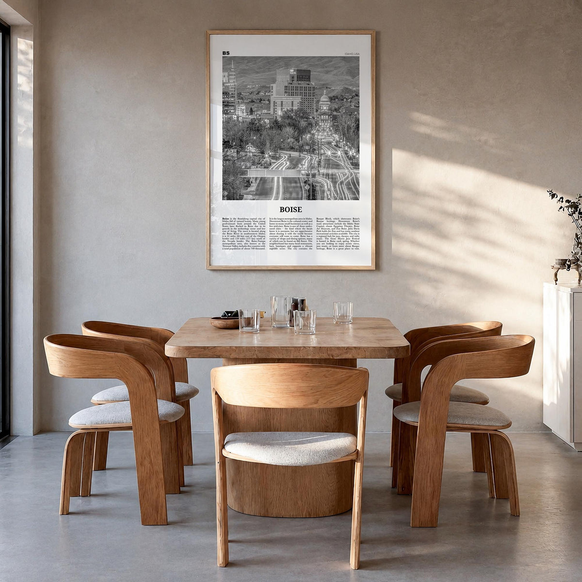 Boise no. 2 black & white newspaper poster of Idaho, USA – vertical wall art in natural wood frame, hanging on wall