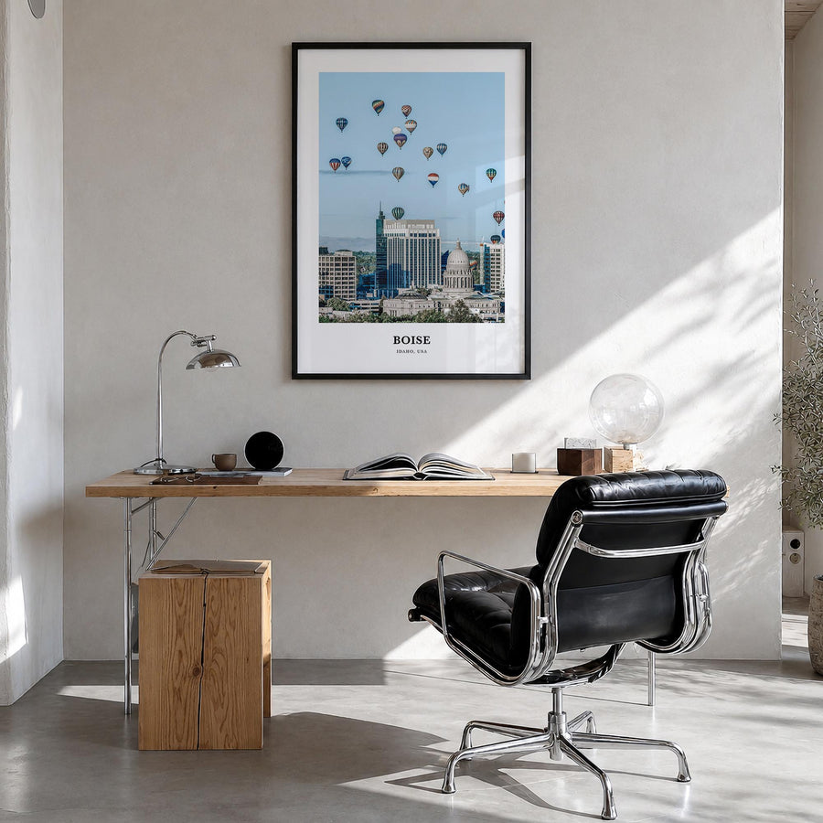 Boise no. 2 colorful classic poster of Idaho, USA – vertical wall art in black wood frame, hanging on wall