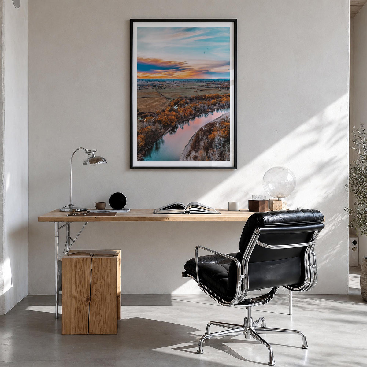 Boise no. 2 colorful photo poster of Idaho, USA – vertical wall art in black wood frame with white border, hanging on wall